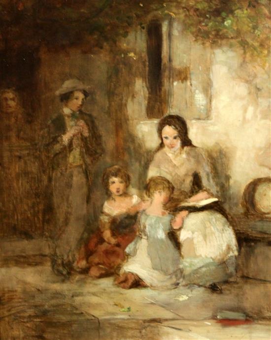 19th century French School Mother and children seated before a cottage 50 x 41cm